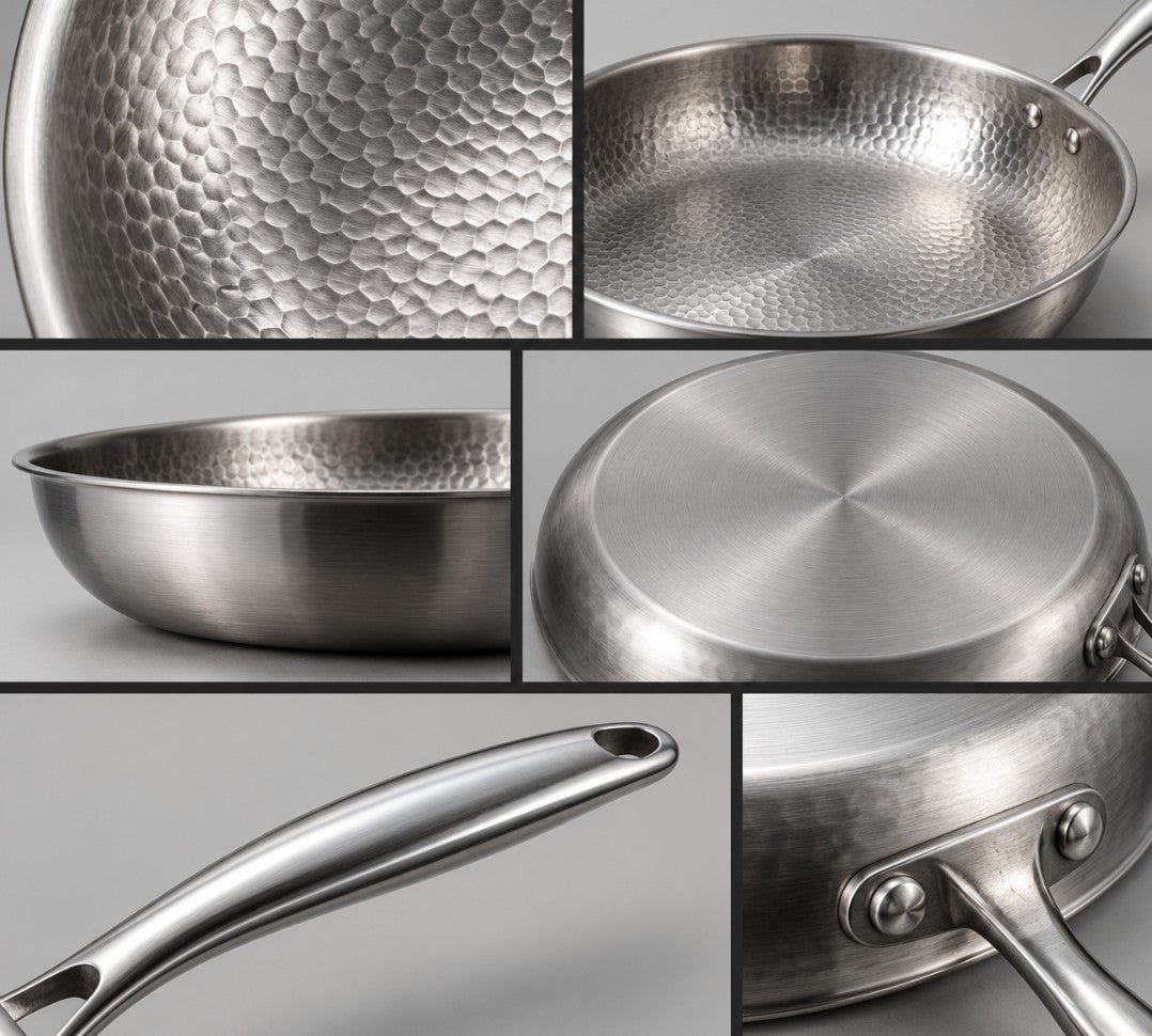 Détails de la poêle en titane martelé : surface martelée, bord, fond inox, manche et rivets